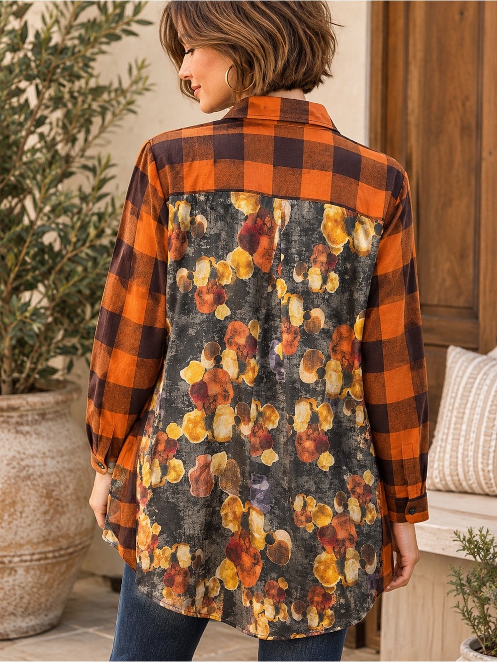 Patchington Buffalo Plaid Mixed Print Tunic Shirt Women’s L Orange Brown #924
